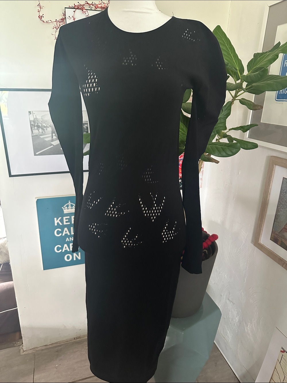 McQ by Alexander McQueen Black Long-Sleeve Knit Dress with bird design M/L
